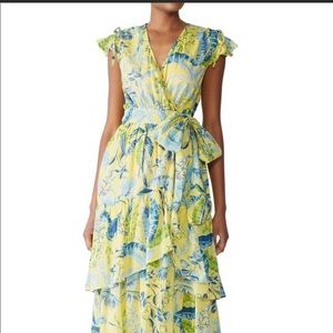 BANJANAN yellow floral print wrap dress xs